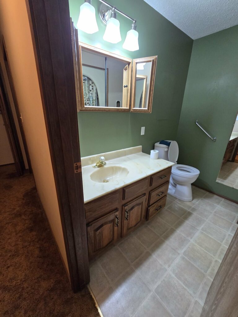 Bathroom baseline view with green walls, wood vanity and cream countertop