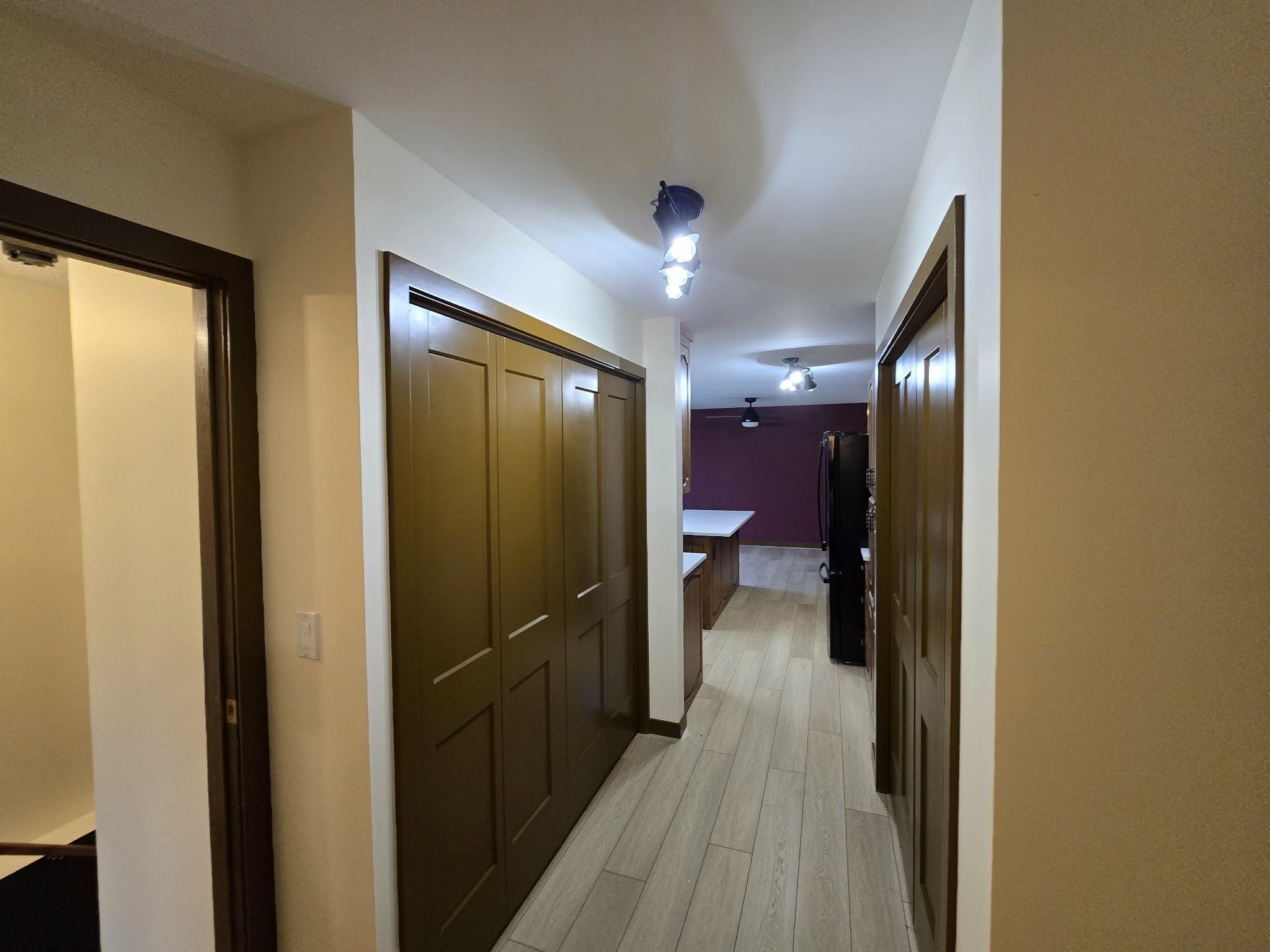 Wide hallway view with light flooring, painted walls and dark-finished doors