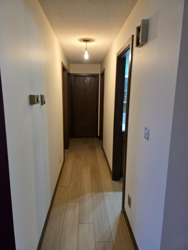 Long hallway with continuous light flooring, painted walls and dark doors