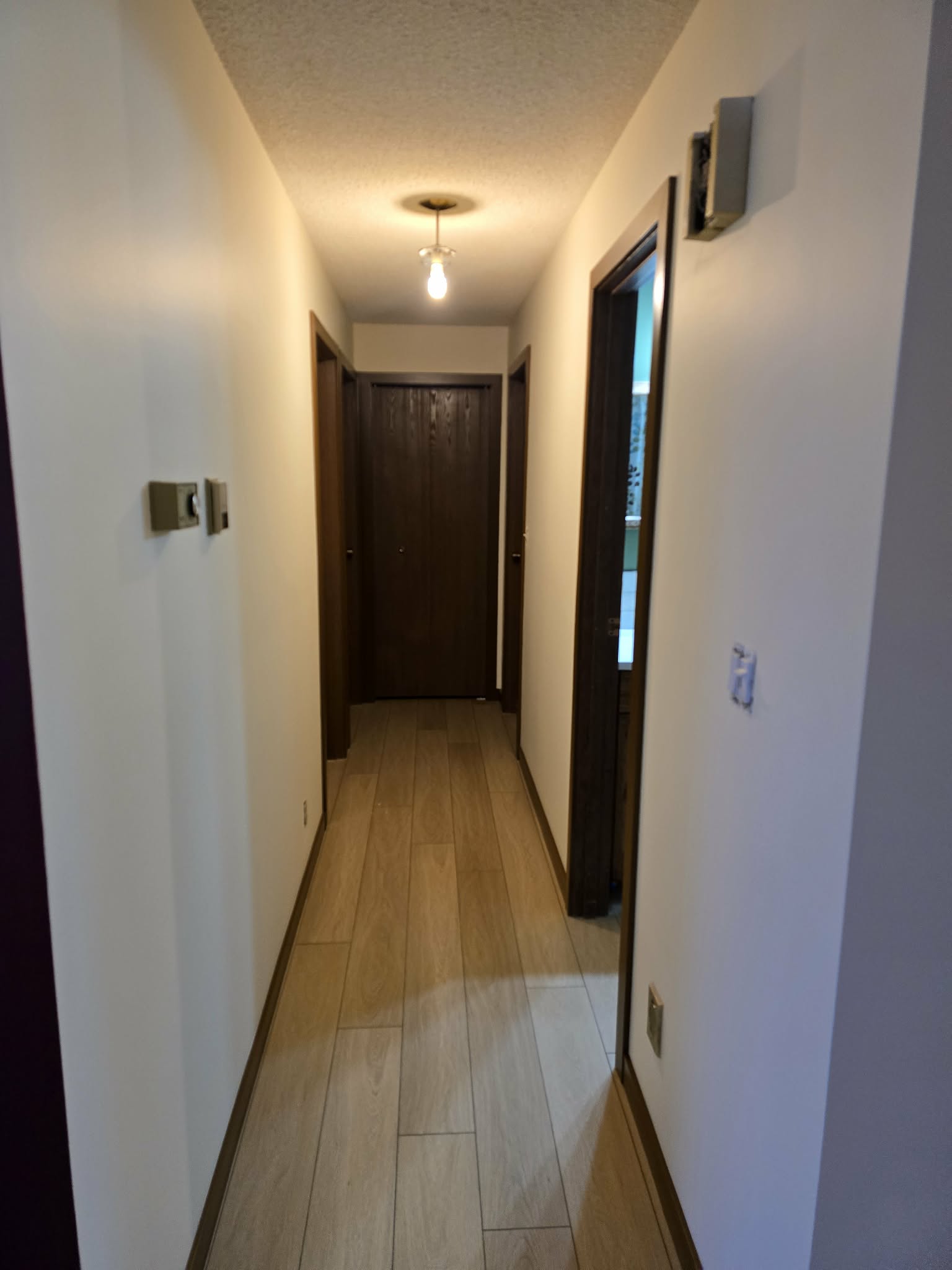Long hallway with continuous light flooring, painted walls and dark doors