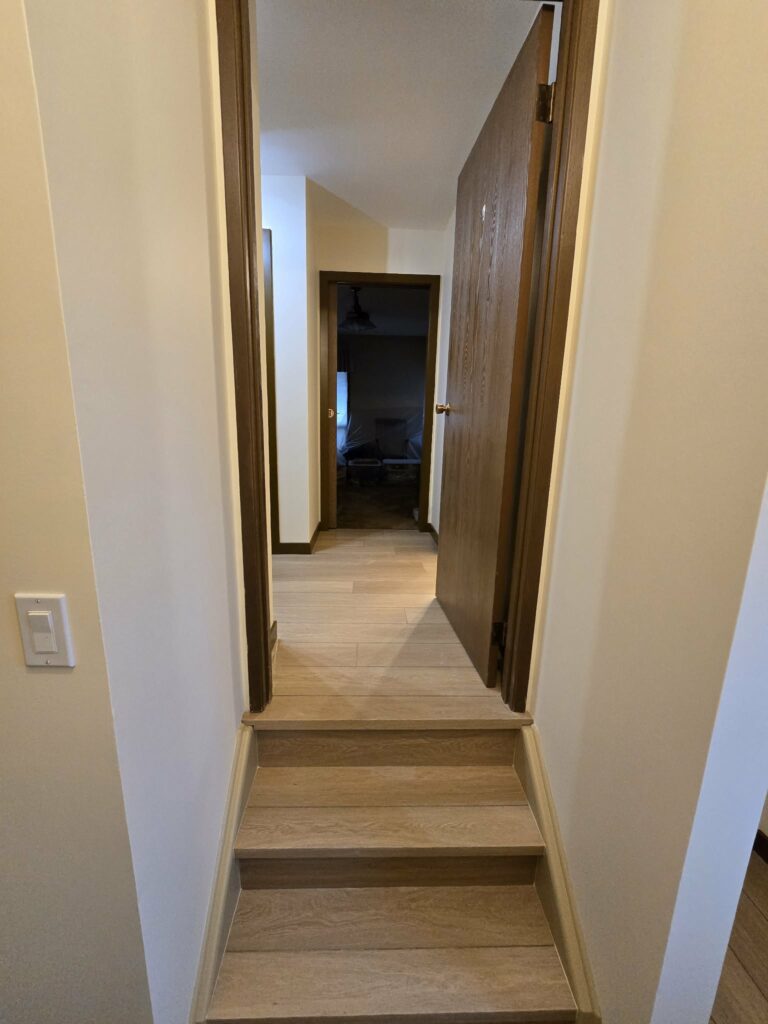 Short stairs leading into a hall with continuous flooring, painted walls and dark door trim